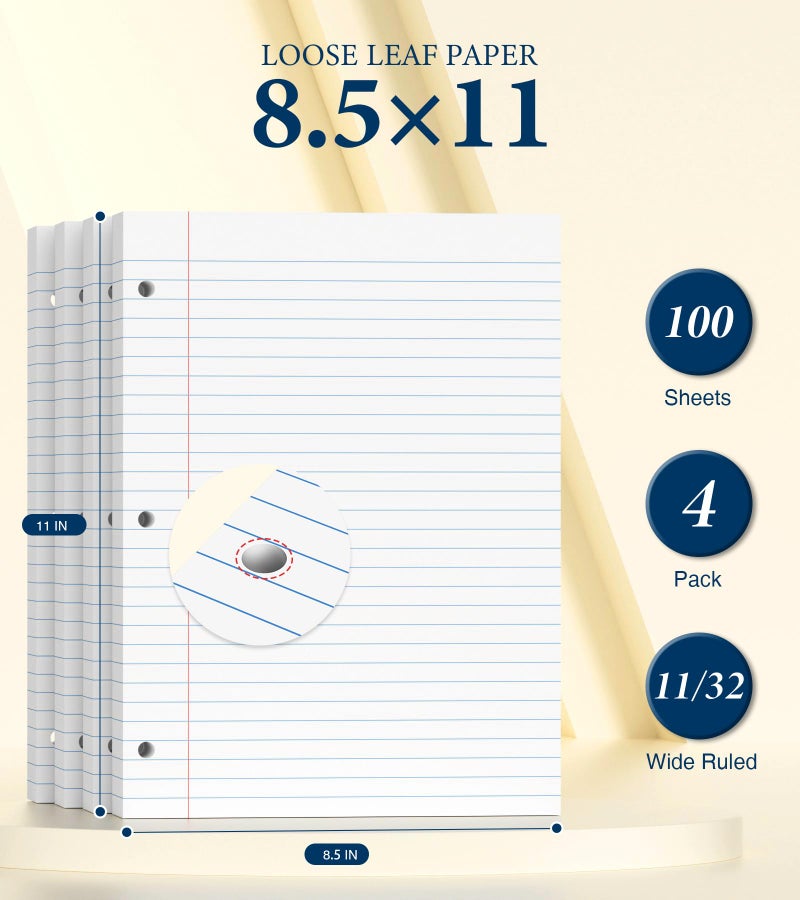 PINJINGPRO 8.5 x 11 Wide Ruled Paper, Loose Leaf Paper, 3 Hole Punch Paper 8.5 x 11 WhiteLoose Leaf Notebook Paper for 3 Ring Binders, Notebook Paper,Filler Paper,Lined Paper, 400 Sheets Writing Paper (4 Pack) - Image 2
